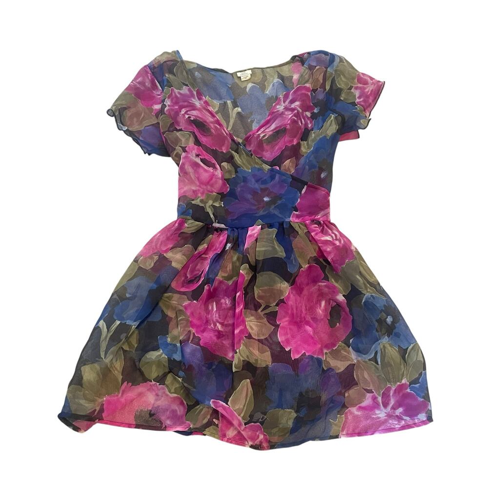 Floral Fit-and-Flare Mini Dress in Pink and Blue Tie Waist Short Sleeve SZ SMALL